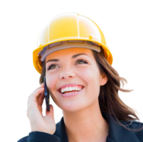 Transparent PNG Young Female Contractor Wearing Hard Hat Using Phone.