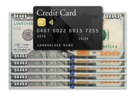 Transparent PNG of Mockup Black Credit Card Resting on One Hundred Dollar Bills