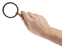 png transparent d'une main masculine tenant une loupe.