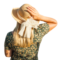 Transparent PNG Pretty Caucasian Outdoors Girl Wearing Sundress and Hat Facing Away From Camera.