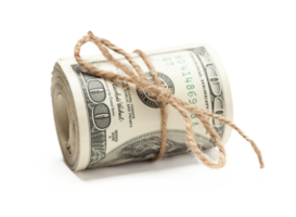 Transparent PNG Roll of one hundred dollar bills tied in burlap string.