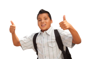 png transparente menino de escola hispânica jovem feliz com polegares para cima.