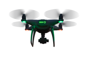 Dron quadcopter uav png transparente con luces de peligro al volar por la tarde o por la noche.