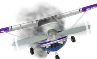 png transparente cessna 172 frontal con humo saliendo del motor.