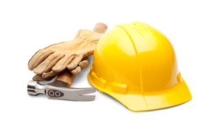 png transparente casco amarillo, guantes de trabajo y martillo.