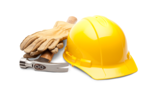 Transparent PNG Yellow Hard Hat, Work Gloves and Hammer.