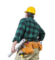 Transparent PNG View from Behind Male Contractor with Hard Hat,Tool Belt and Mechanical Drawings.