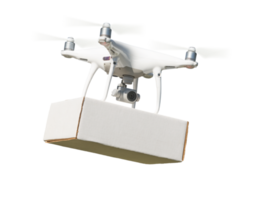 Transparent PNG UAV Quadcopter Drone Flying In Air Carrying Delivery Package.