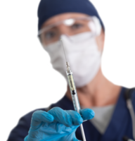 Transparent PNG Doctor or Nurse Wearing Medical Face Mask and Goggles Holding Syringe with Needle.