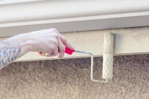 Professional Painter Using Small Roller to Paint House Fascia photo