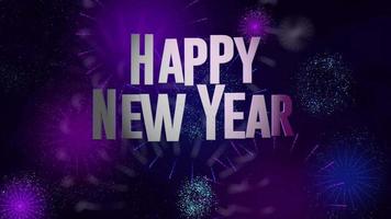 Happy New Year greeting card. White letters with blue and purple light rotating over group of exploding fireworks against dark defocused background with copy space. Loop sequence. 3D animation video