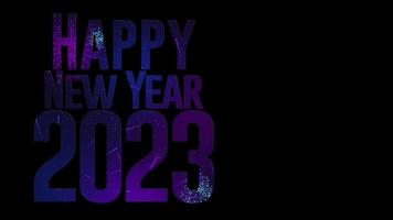New Year 2023 greeting card. Group of blue, purple, magenta and white colored fireworks exploding inside letters against black background with copy space. Loop sequence. 3D animation video