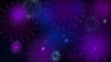 New Year greeting card. Group of blue, purple, magenta and white colored fireworks exploding against black background. Loop sequence. 3D animation video