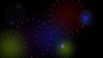 New Year greeting card. Group of blue, purple, red, green and orange colored fireworks exploding against black background. Loop sequence. 3D animation video