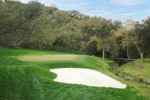 campo de golf de hierba escénica verde y bandera. foto