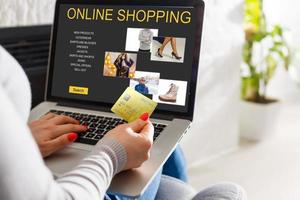 Young Woman On Sofa Shopping Online With Debit Card photo