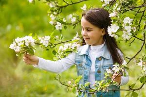 Beautiful girl in flowering Apple trees. Long hair photo