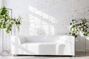 hermosa habitación interior con sofá. minimalismo diseño conceptual, renovación, vivienda, hogar foto