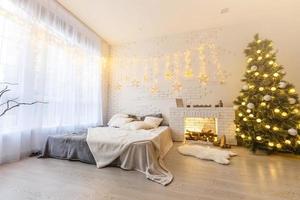 Interior room decorated in Christmas style. No people. Neutral colors. Home comfort of modern home. A series of photos