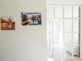 photo canvas hanging on the grey wall background