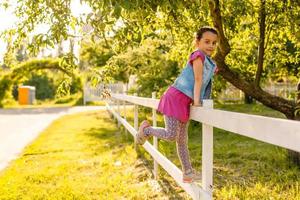 Little girl standing on fence at the ranch of wildflowers photo