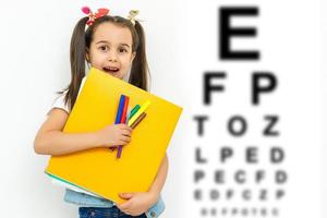 Child at eye sight test. Little kid selecting glasses at optician store. Eyesight measurement for school kids. Eye wear for children. Doctor performing eye check. Girl with spectacles at letter chart. photo