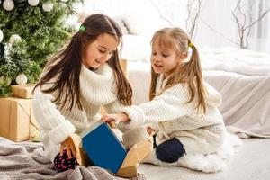 two little girls Sharing a Surprise on Christmas Morning photo