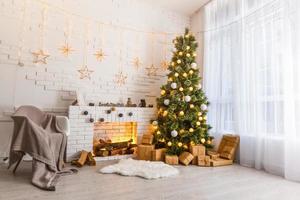 Interior room decorated in Christmas style. No people. Neutral colors. Home comfort of modern home. A series of photos