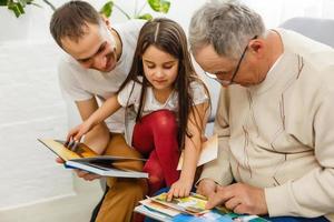 Family looking at a photo album in the living room