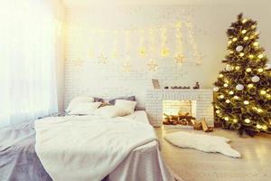 Classic Interior room decorated in Christmas style with Christmas tree and gifts photo