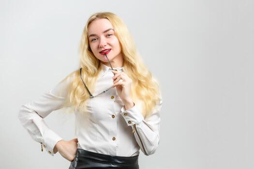 Oh no What are you doing Close up photo portrait of attractive pretty clever intelligent shocked geek nerd lady adjusting touching round spectacles isolated on bright background
