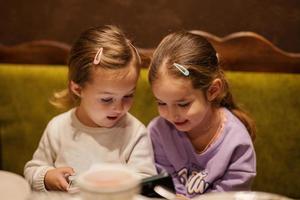 Sisters kids hold mobile phone together at cozy cafe and having fun. photo