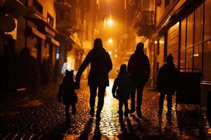 Back of silhouettes family walking in night city. photo