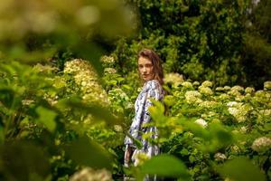 young glamour lady posing in the field flowers in dress with print photo