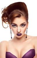 Vertical photo of sexy adult woman with creative hairstyle and make up