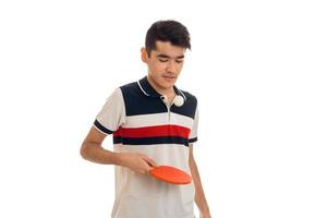 young sportsman practicing ping-pong isolated on white background photo