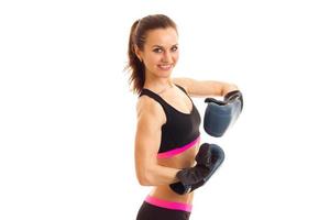 horizontal portrait pretty joyful athlete in boxing gloves photo