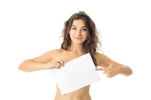 nude brunette girl with placard photo