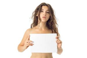 nude brunette girl with placard photo