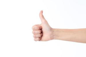 female hand outstretched to the side and showing the gesture class isolated on white background photo