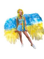 Charming woman in Blue and yellow wreath and wings photo