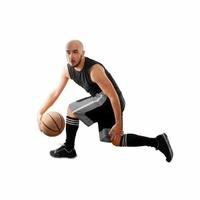 man dribbles on white background with basketball ball photo