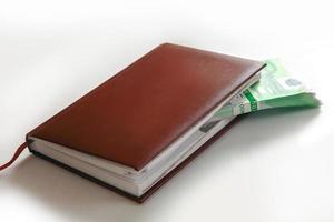 pack of green euro money lies in a leather notebook photo