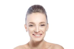 Charming happy lady with brown eyes in studio photo