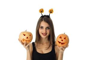 Happy girl in halloween style clothes photo