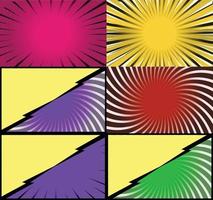 Comic book colorful frames background with halftone rays radial and dotted effects pop art style vector