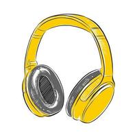 Vector engraved style illustration for posters, decoration, icon, logo and print. Hand drawn sketch of headphones in yellow isolated on white background. Detailed vintage woodcut style drawing.