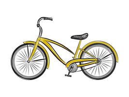 ilustración de estilo grabado vectorial para carteles, decoración e impresión. boceto dibujado a mano de bicicleta amarilla aislada sobre fondo blanco. dibujo detallado de estilo grabado en madera vintage.