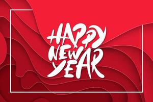 Vector background with deep red color paper cut shapes. 3D abstract Happy New Year 2019 lettering, design layout for greeting cards, posters, prints, decoration, banners.