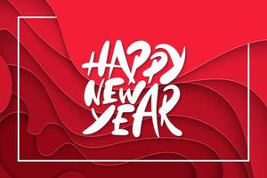 Vector background with deep red color paper cut shapes. 3D abstract Happy New Year 2019 lettering, design layout for greeting cards, posters, prints, decoration, banners.